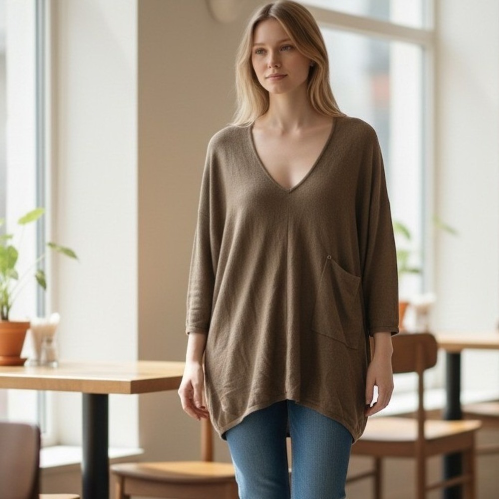 Kerisma V-Neck Sweater Womens S/M Brown Ryker Oversized Lightweight Knit M2048